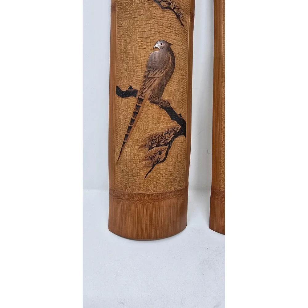 Vtg Japanese carved bamboo wall decor birds Wabi Sabi Boho Chic Eco-Friendly